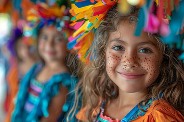 Generative AI Image of a Smiling Child in Colorful Traditional Costume at a Festive Holiday Celebration