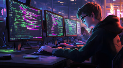 modern office computer engineer developer working work monitors code programmer  workstation professional collaborative concentrated technology web internet