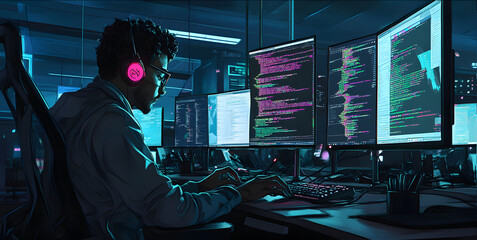 modern office computer engineer developer working work monitors code programmer  workstation professional collaborative concentrated technology web internet