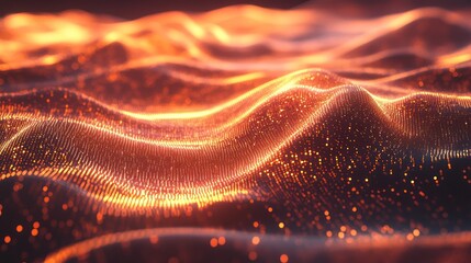 Wall Mural - Abstract Orange Digital Waveform: Glowing Particle Landscape