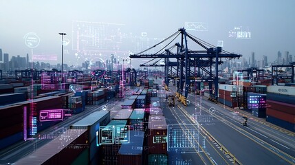 Poster - Futuristic wide angle view of a modern seaport with shipping containers and cranes in the foreground
