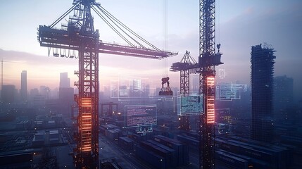 Poster - Futuristic container port with towering cranes 3D data visualizations and a communication network of nodes floating in the foreground against a purple and blue toned background