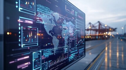 Fototapete - Futuristic global network data analytics tools and digital interfaces overlaying an industrial port cityscape in a purple blue toned industrial landscape  Advanced technology smart infrastructure