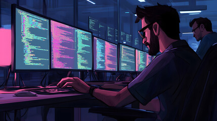 modern office computer engineer developer working work monitors code programmer  workstation professional collaborative concentrated technology web internet