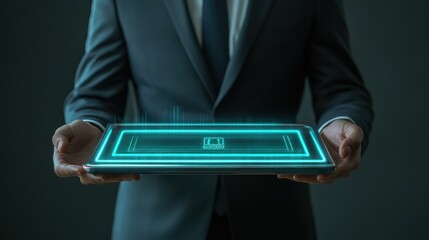 Futuristic Technology: Businessman Presenting Holographic Interface on Tablet