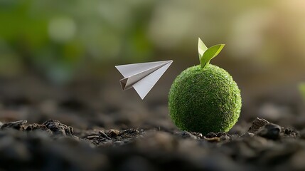 Poster - Closeup view of an origami paper airplane orbiting a green earth representing the concept of environmental sustainability and clean renewable energy for the future