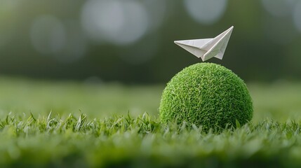 Aufkleber - Close up view of a paper plane gracefully orbiting a green earth representing the concept of alternative energy and environmental sustainability