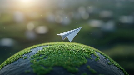 Poster - Conceptual of a paper plane orbiting a green earth symbolizing the idea of alternative energy sources and environmental sustainability for a cleaner more eco friendly future