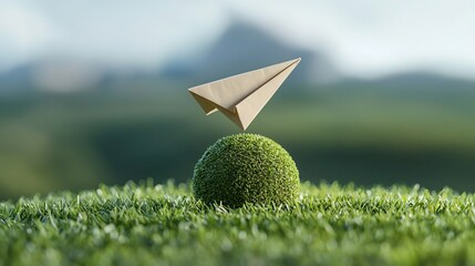 Poster - Close up of a paper airplane soaring gracefully around a vibrant green earth symbolizing the concept of sustainable development and the transition towards clean