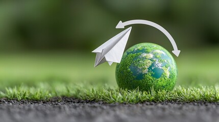 Aufkleber - Origami paper airplane circling a vibrant green planet symbolizing sustainable energy solutions and eco friendly innovations for a greener future