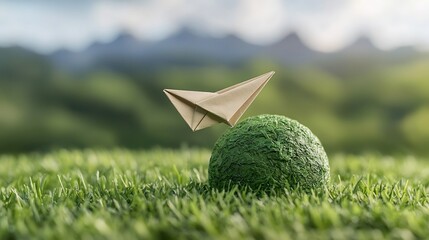 Aufkleber - Close up view of a paper airplane orbiting a lush green earth symbolizing the concept of environmental sustainability and clean technology solutions for the future
