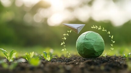 Poster - A graceful paper plane elegantly circling a green globe symbolizing environmental sustainability and the promotion of renewable energy sources to protect our planet s future