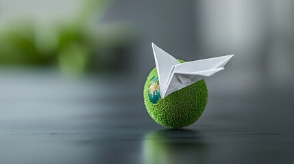 Poster - Conceptual of a white paper plane orbiting the green Earth symbolizing renewable energy and sustainable solutions for a cleaner more environmentally friendly future