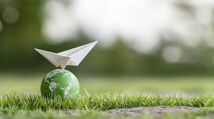 Aufkleber - A paper airplane gracefully orbiting a vibrant green planet symbolizing the harmony between innovation and environmental sustainability