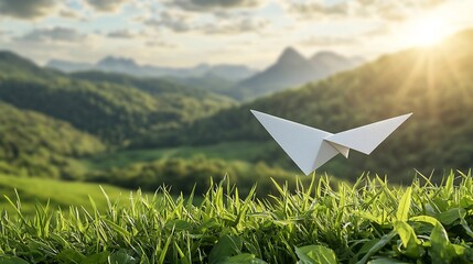 Poster - A paper plane gracefully navigating through a lush vibrant planetary landscape serving as a symbolic representation of eco friendly technological advancements and a vision for a sustainable future