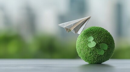 Poster - Minimalist of a paper plane gracefully orbiting a green eco friendly globe symbolizing clean energy sustainability and a hopeful vision for the future
