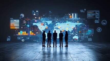 Poster - Silhouetted figures standing in front of a global digital network surrounded by floating interactive graphs charts