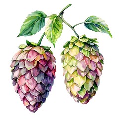 Canvas Print - Watercolor Painting of Two Hops Cones with Green Leaves on a White Background.