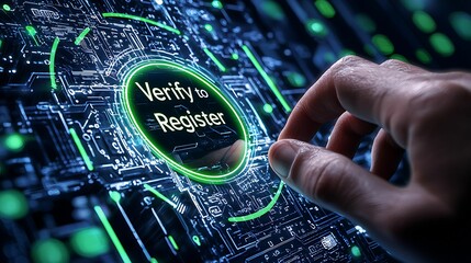 Wall Mural - register verification. a hand hovers over a digital button labeled 