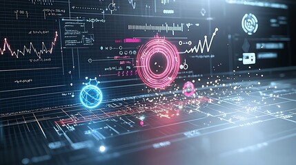 Poster - Mesmerizing close up view of glowing neon physics formulas and molecular particles in a vibrant futuristic digital with plasma energy electric sparks