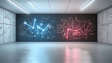 Poster - Mesmerizing plasma energy field with floating physics equations molecules and neon sparks in a captivating blend of blue and pink red tones creating a dynamic futuristic