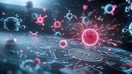 Poster - Glowing plasma sparks and electric currents illuminating futuristic physics symbols molecular structures and other digital elements in a vibrant neon blue and pink red color scheme creating a dynamic