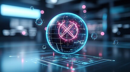 Poster - Mesmerizing digital showcasing plasma energy and physics formulas represented by floating molecules sparks and vibrant neon blue and pink red tones creating a futuristic and sci fi inspired visual