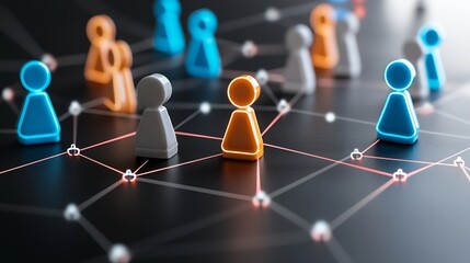 Poster - Futuristic neon glowing network of interconnected game pieces on a sleek black surface representing the concept of technological innovation in a digital and abstract way