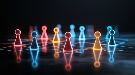 Fototapete - Colorful neon network of interconnected game pieces with glowing lines on a reflective black surface representing a concept of digital connectivity