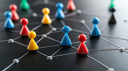 Fototapete - Neon colored network of interconnected game pieces in vibrant shades against a sleek black backdrop representing the digital world of social interaction and technological innovation