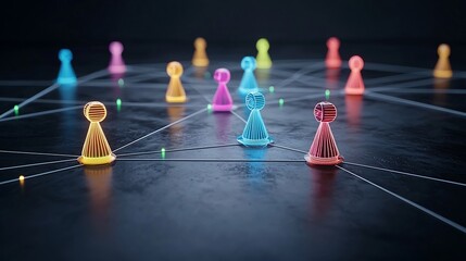 Fototapete - Futuristic digital concept featuring a neon network with colorful game pieces connected by luminous glowing lines on a dark glossy background