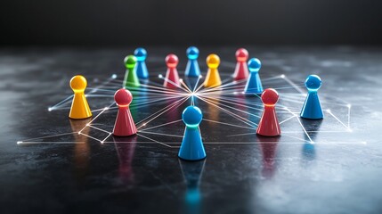 Leinwandbilder - Futuristic concept of a neon network with colorful game pieces connected by glowing lines on a dark glossy background