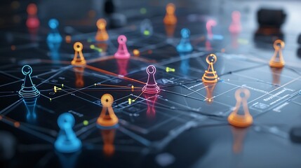 Fototapete - Vibrant neon game piece network with glowing connectivity lines on a reflective surface representing the concept of high tech digital interconnectivity and futuristic technology