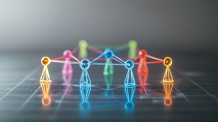 Aufkleber - Vibrant neon gaming pieces in a dynamic digital network connected by glowing lines on a reflective modern surface   representing the power of interconnectivity and technological advancement