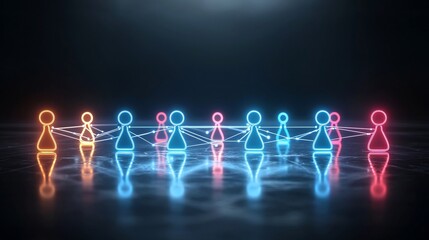 Fototapete - A futuristic neon network of interconnected game pieces with glowing lines forming a reflective and dark surface that symbolizes the concept of teamwork in a digital technological environment