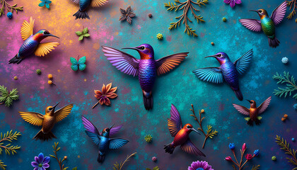 Wall Mural - seamless iridescent hummingbird texture with realistic patterns and soft lighting