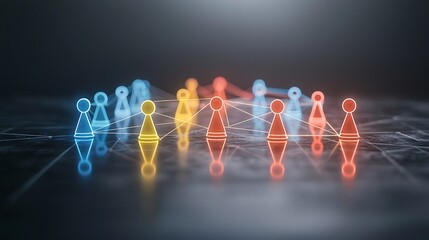 Poster - Colorful neon game pieces connected by glowing lines creating a dynamic network of and on a dark reflective surface  Conceptual for teamwork innovation and digital technology