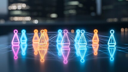 Fototapete - Vibrant neon colored game pieces forming an interconnected network on a reflective black surface symbolizing the dynamic and modern nature of social interaction in the digital age