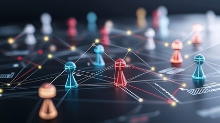Fototapete - Neon game pieces connected by glowing lines on a black background representing the concept of and technology in a futuristic high tech digital visualization