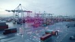 © Srinard - Aerial view of a bustling port with containers and cranes showcasing a futuristic communication network featuring interactive 3D data elements in a stunning purple blue tone
