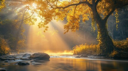 Wall Mural - Golden Sunrise Over Tranquil River in Lush Forest