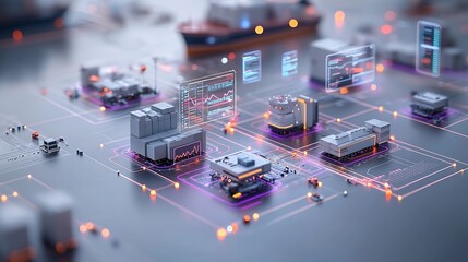 Fototapete - Futuristic aerial view showcasing the interconnected nodes and data driven of a bustling port facility  The scene features 3D data charts purple blue tones and a modern