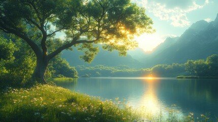 Wall Mural - Serene Lakeside Sunset: A Breathtaking Mountain Vista