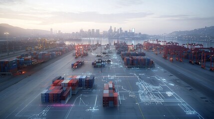 Poster - Aerial shot of a port city with cargo containers surrounded by a futuristic global network and 3D data visualization graphs in purple and blue tones  The image depicts the modern