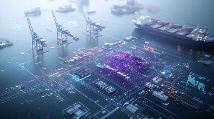 Fototapete - Aerial Panoramic View of a Futuristic High Tech Port with Global Communication Nodes Floating Data Tools and Cranes in a Vibrant Purple Blue Palette