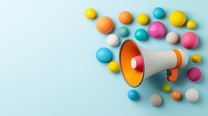 Poster - Bold and Vibrant Megaphone with Colorful Bubbles on a Clean Background Visually Representing the Concepts of Digital Marketing Social Media and Effective Communication Strategies