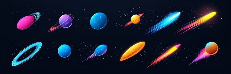 Wall Mural - against a black backdrop, neon comets stand out in isolation. this contemporary, lifelike depiction 