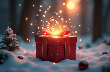 Wall Mural - Open gift box without lid. A ray of light with sparks, New Year's forest, comes up from the box. 3D rendering