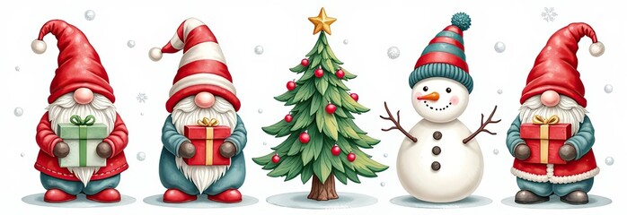 Wall Mural - Set of Christmas gnomes holding gift boxes, snowman, Xmas tree. Traditional winter holiday decoration for card, t-shirt, apparel print. illustrations isolated on transparent background 