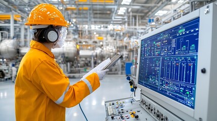 Aufkleber - Worker Overseeing Fuel Processing by Monitoring Industrial Control Panel and Dashboard Interface in a Manufacturing Facility